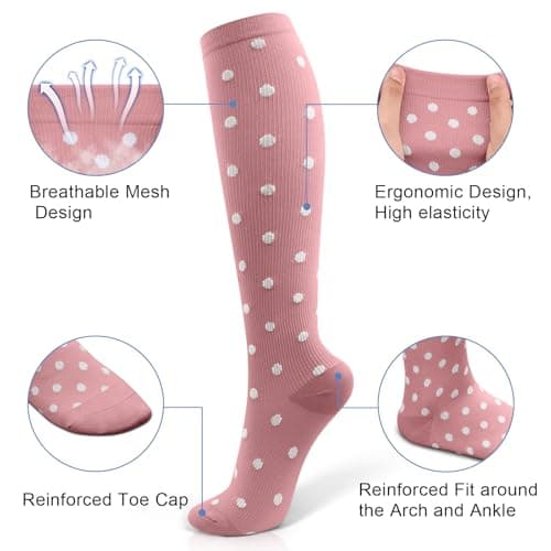 3 Pairs Compression Socks 15-20 mmhg for Men & Women, Support Socks Compression Stockings for Running, Swelling, Nurse, Flight, Nurses,Edema (Pink+Brick Red+Pink Dot, S/M) — view 2