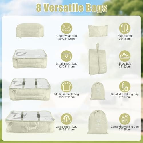 Hittriu 8 Pack Waterproof Packing Cubes for Suitcase, Lightweight Travel Packing Organiser Bags for Clothes Shoes Toiletries, Durable Machine Washable Travel Storage Bag (Off-white) — view 2