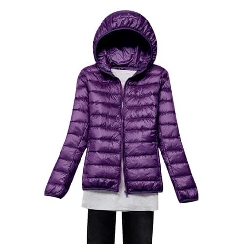 Purple XL Ultralight Down Puffer Jacket - Women's Packable Hooded Quilted Coat