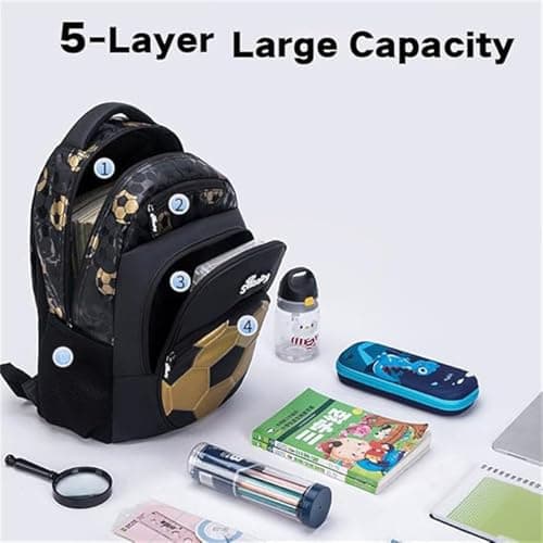 Morbuy Kids School Backpack Boys Girls, Football Print Black Travel School Bags, Laptop Backpack for Teenage Men Womens Lightweight Water Resistant Bookbag College Daypack (Gold Football) — view 4