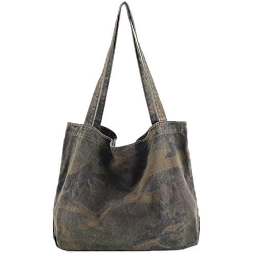 Women Vintage Canvas Camouflage Tote Shoulder Bag Shopping Bag Handbag, Green, M
