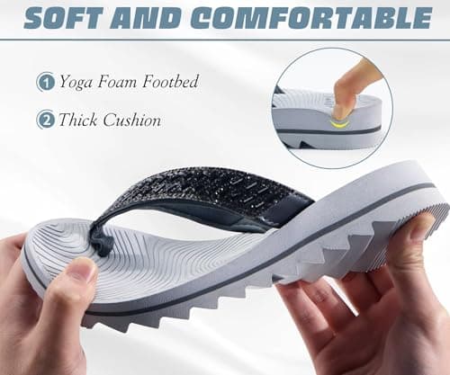 KuaiLu Womens Orthotic Flip Flops with Arch Support Yoga Mat Cushion Fashion Rhinestone Sandals Summer Walking Beach Travel Thong Slides Comfy Plantar Fasciitis Indoor Outdoor Sandles Grey 6 — view 5