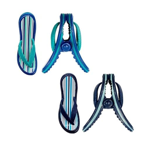 TRIXES Flip Flop Beach Towel Pegs - Secure Sun Lounger Travel Clips Indoor & Outdoor Use – Jumbo Clip for the Beach, Garden, Pool, Sun Bed or Deck Chair – Laundry Quilt & Clothes Peg (4, Striped)