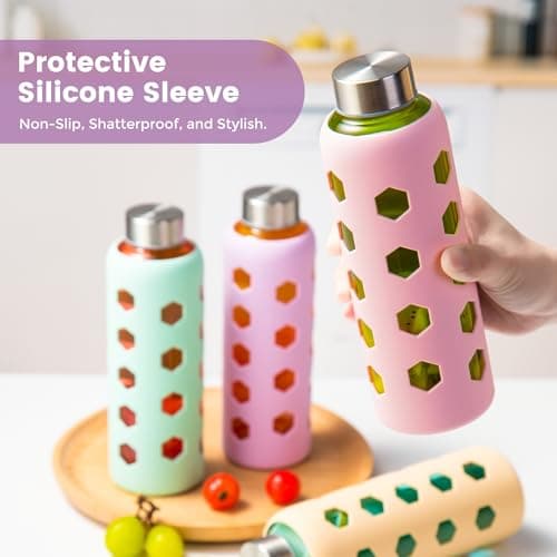 Mrsdry Glass Water Bottles with Lids and Silicone Sleeves 550ml, 4-Pack Reusable Clear Glass Juice Bottles with Stainless Steel Airtight Cap, BPA Free Leak-Proof Drinking Bottles for Hot Cold Drinks — view 4
