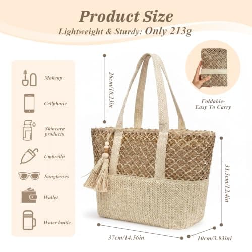 Aucuu Straw Beach Tote Bag Women, Straw Woven Beach Shoulder Bags, Handwoven Straw Handbag with Zipper, Straw Handbags for Women, Summer Beach Bag Tote Bag for Holiday Travel Pool Daily — view 4