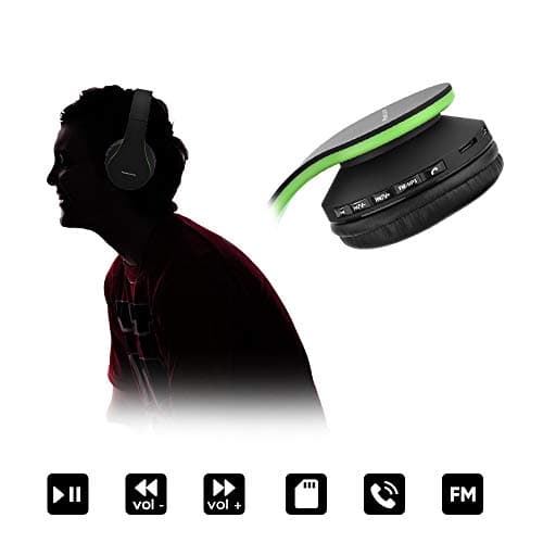 PowerLocus Wireless Bluetooth Over-Ear Stereo Foldable Headphones, Wired Headsets Noise Cancelling with Built-in Microphone for iPhone, Samsung, LG, iPad (Black/Green) — view 2