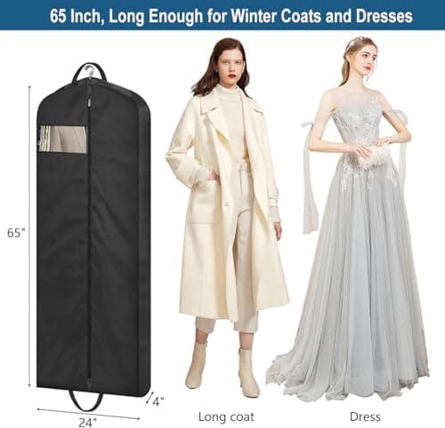 MISSLO 65" Long Garment Bags for Travel Dress Bag Covers Waterproof Wedding Dress Carrier for Women Hanging Clothing Bags Protectors for Storage Coats, Clothes, Suits, Black, 2 Packs — view 6