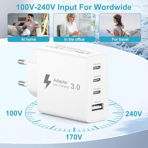 EU Travel Adapter Charger, 50W European Plug Adapter Fast Charging with 3 USB C+1 USB A, European Wall Adaptor EU Plug Fast Charger Compatible with iPhone 17 16 15 14 13 11 Pro Max,Samsung Galaxy — view 4