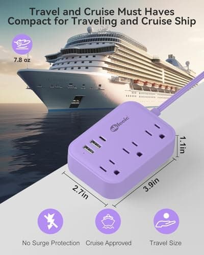Cruise Essentials Purple Extension Cord 5ft, Cute Extension Cord with 3 AC 3 USB Outlets, Travel Flat Plug with USB Charging Station, Compact for Computer Accessories — view 4
