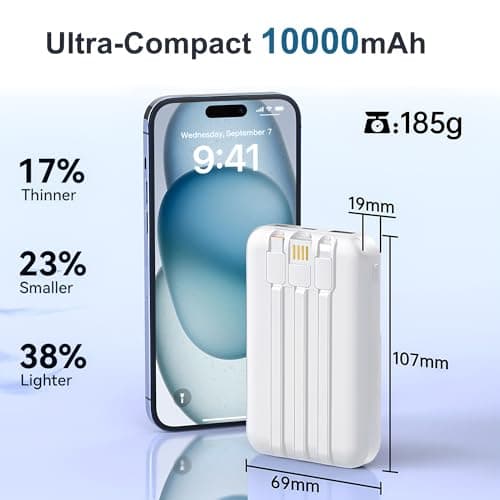 Power Bank With Built in Cables 10000mAh, 22.5W Fast Charge Portable Charger, USB C Battery Pack with 4 Outputs & 3 Inputs Compatible with iPhone 16 15 14 13 iPads Tablets and More — view 5