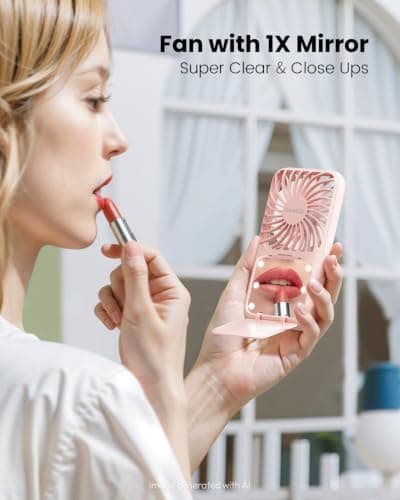gaiatop Portable Handheld Fan, LED Makeup Mirror, Travel Essentials Pink — view 5