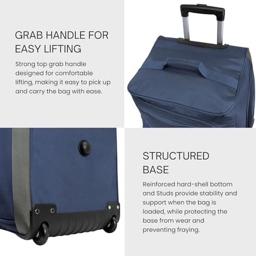 Rocklands® Lightweight Wheeled Holdall Large Duffle Trolley Suitcase Thick Heavy-Duty Cross Nylon EVA-Backed Front, Hard Base Travel Bag (Large - 32" (H82xW42xD40 cm), Navy) — view 5