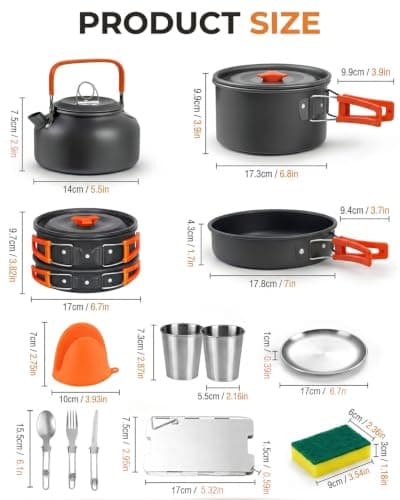 17-Piece Camping Cooking Set for 2–3 People, Aluminium Camping Pots and Pans with Kettle, Plates, Cups & Windshield, Lightweight Camping Cookware and Camping Cooking Equipment for Outdoor Use — view 6