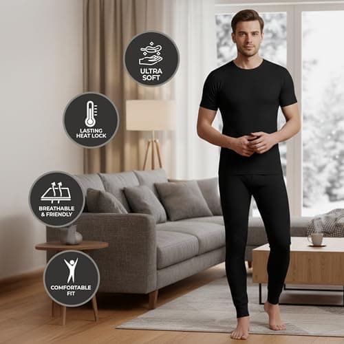Active Star Mens Thermal Underwear Set, 0.45 Tog Long John Bottoms With Short & Long Sleeve Tops Base Layer Warm Winter Thermals For Running Sport Ski S-XXL, Short Sleeve Thermal Set Black - L — view 6