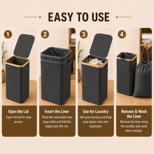 Bamboo Laundry Basket,Removable Bag, Foldable Clothes Hamper,Charcoal, 85L — view 6
