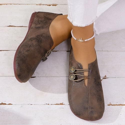 Sport Shoes Women Soft Leather Flats for Women Summer Lightweight Round Toe Orthopedic Walking Shoes Fashion Retro Dressy Ballet Loafers with Button Comfortable Suede Slip on Footwear Brown — view 2