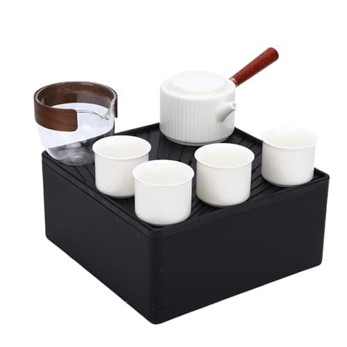 FILFEEL Ceramic Kung Fu Tea Set with Side Handle Teapot and 4 Cups + Fair Cup + Portable ABS & Leather Storage Box for Car Travel Outdoor Camping