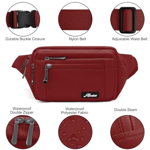REETEE Waterproof bumbags for Ladies Men Fashion Bum Bag with Adjustable Belt and 5 Zipper Pockets Large Capacity Fanny Pack Waist Bag for Outdoors, Sport, Hiking, Travel (A-Deep red) — view 6
