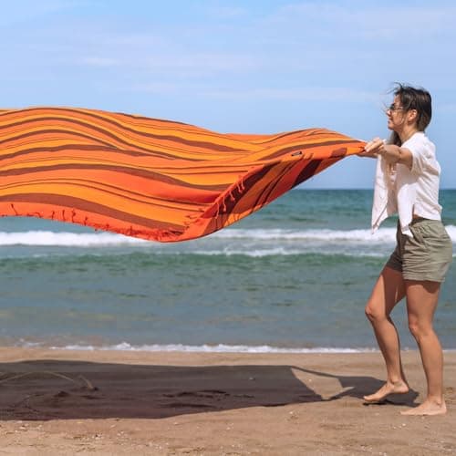 MOMOMUS Lightweight Extra Large Picnic Blanket for the Beach - XXL, with Fringes, Compact - Sandless Beach Mat, Sandproof Beach Blanket - Orange, 210x240 cm — view 3