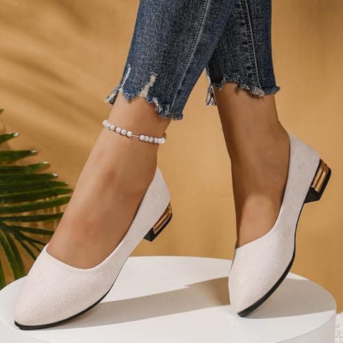 Womens Leather Ballet Flats Womens Cream Ballet Flats Casual Work Dating Leisure Comfortable Slip On Design Closed Toe Block Heel Year Round Use Ballerina Shoes Pumps Driving Summer — view 5
