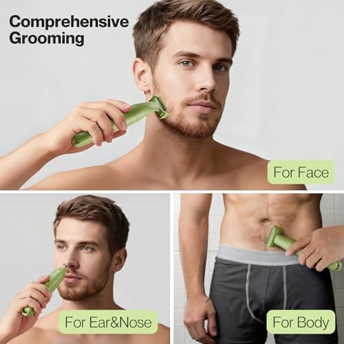 BarberBoss 3-in-1 Men’s Precision Trimmer, Beard and Hair Grooming Kit for Men, Body Groomer, Nose & Ear Trimmer, Rechargeable Cordless Shaver with USB Charging, 3-in-1 Men’s Shaver (Green) — view 3