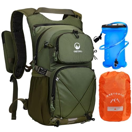 ONETOALL Hydration Backpack with 2L Water Bladder, 22L Waterproof Hiking Backpack with Rain Cover, Insulated Compartment for Running, Cycling, Walking, Camping & Skiing, Military Green