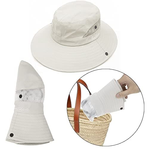 KorhLeoh Women's Outdoor UV-Protection-Foldable Sun-Hats Mesh Wide-Brim Beach Fishing Hat with Ponytail-Hole Beige — view 5