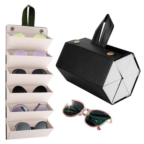 CTDMJ Sunglasses Travel Case, 6-Slot Glasses Storage Box, Foldable Glasses Storage Case, PU Leather Eyewear Storage Box, Multiple Travel Sunglasses Organizer Case, Hanging Glasses Case for Women Men