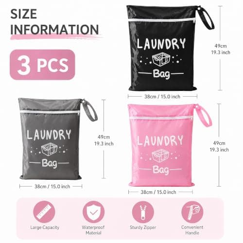 VLUNT 3 Pcs Large Travel Laundry Bag with Zipper & Handle, 19.69" x 14.57" — view 2