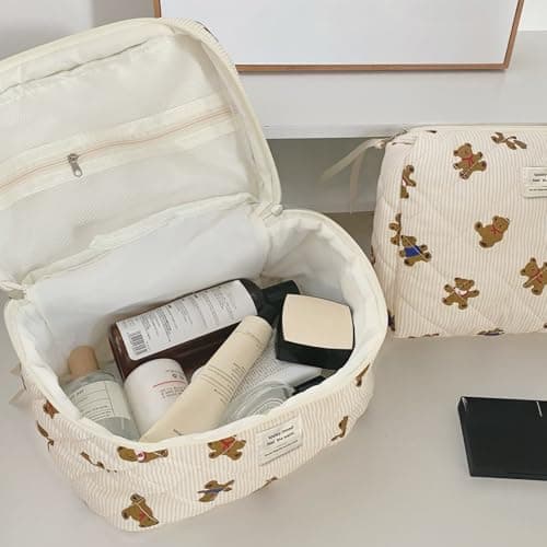 Aucuu 3PCS Coquette Makeup Bag, Quilted Makeup Bag for Women, Floral Cotton Cosmetic Bag Set, Large Capacity Aesthetic Floral Toiletry Bag, Travel Toiletry Bag, Wash Organizer Pouch for Women Girls — view 6