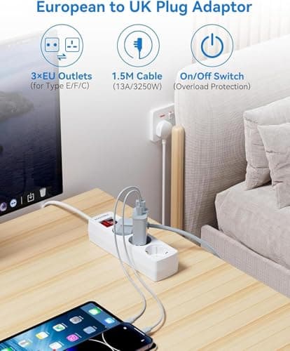 European to UK Plug Adapter 3 AC Outlets — view 2