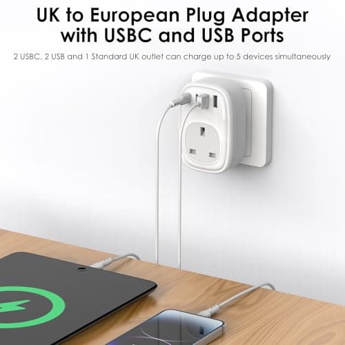 UK to European Plug Adapter - UK to EU Euro Europe Schuko 40W USB C Fast Travel Plug Adaptor Grounded USBC Type C Charger for Spain Turkey France Germany Iceland Poland Greece Russia (Type E/F)Tusreda — view 3