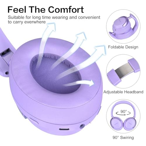 RORSOU B8 Bluetooth Headphones Over Ear, 6 EQ Music Modes and 50H Playtime Deep Bass Wireless Headphones with Mic, Lightweight Folding HiFi Stereo Headset for iPad/Travel/Tablet/PC/Home Purple — view 3