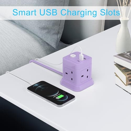 Cube Extension Lead with USB Slots, BEVA 4 Way Multi Plug Power Strip with 3 USB Ports, 3M Desktop Power Extension Socket Extension Cords for Home Dorm Office Travel-Purple — view 6