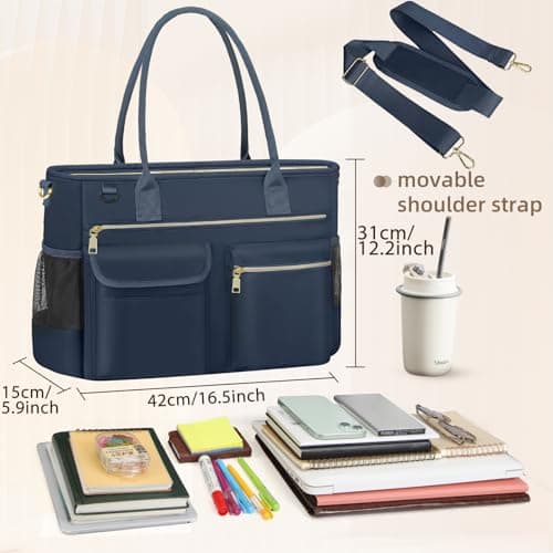 RAINSMORE Laptop Tote Bags for Women 15.6 inch Teacher Bag Large Nurse Utility Bag Computer Messenger Briefcase with Insulated Pocket for Work School Office Business University Dark Blue — view 6