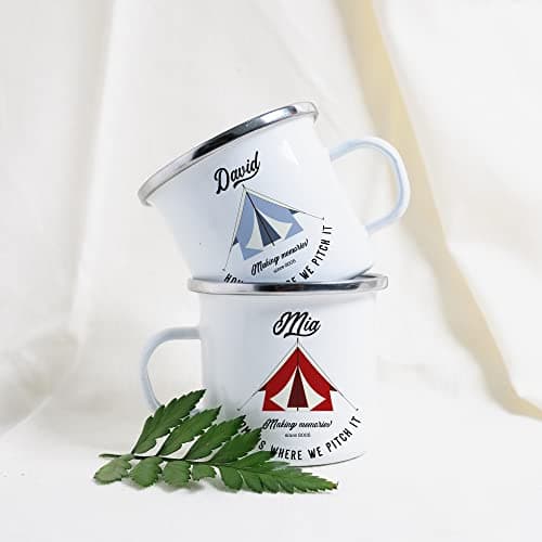 Tent Enamel Camp Mug | Personalised Camper Gift | His and Hers | Couple Travel Present | Accessories Camping | Home is Where We Pitch It — view 4