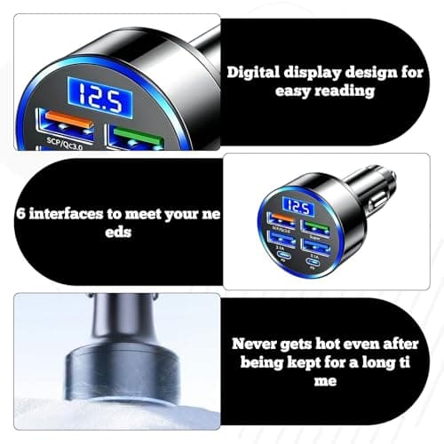 2PCS 6-Port USB C Car Charger 66W Super Fast Charging,Car Charger Fast Charge Socket Adapter with LED Voltmeter Compatible with iPhone, Samsung, iPad & More — view 3