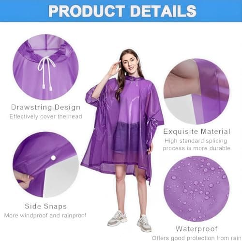 Rain Poncho for Adults, 2 Pieces Waterproof Reusable Cape with Hood — view 3