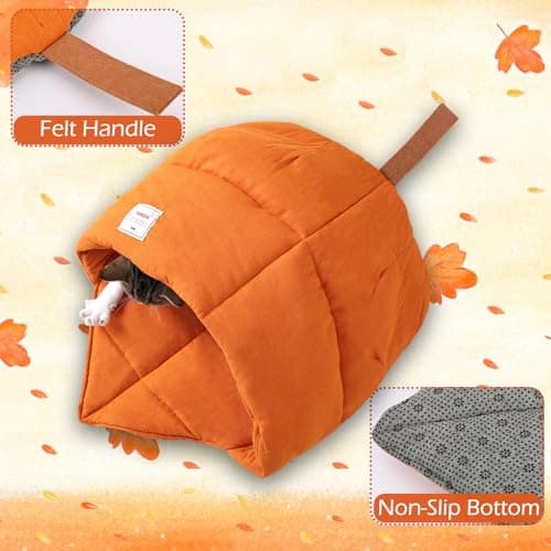 TANGN Cat Sleeping Bag, Linen Fabric Bed Cave Leaf Nest Pet Cuddle Zone Covered Hide Hood Burrowing Cozy Soft Durable Washable with Non-Slip Bottom for Indoor Puppy and Kitten (Orange) — view 3