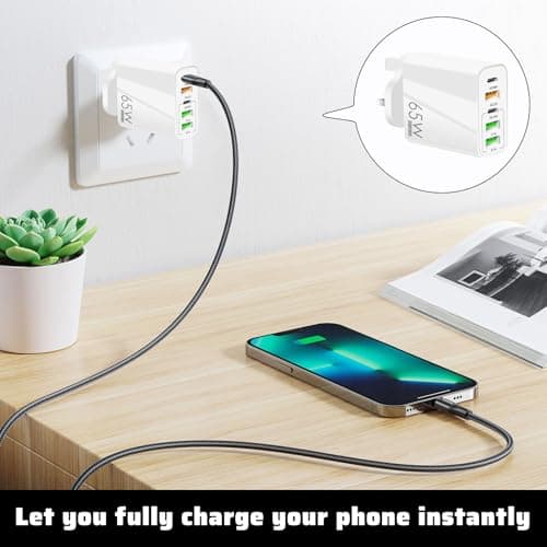 65W 5-Port USB Fast Charger,USB Plug Charger,65W Fast Charging,Wall Plug Multi Fast Charging Plug for Iphone/Samsung/Huawei/Tablet,Multi-Port Quick Charge Adapter (White) — view 5