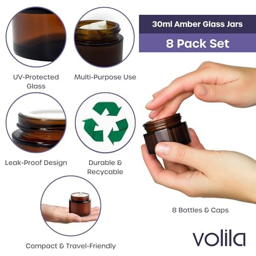 Amber Glass Jars - 8 Pack (30ml) with Lids - Brown Travel Cosmetic Containers with Spatula - UV Protection for Powder, Lotion and Cream — view 4