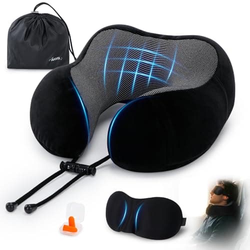 Memory Foam Comfort Travel Pillow for Airplane & Car,Adjustable Neck Pillow, Neck and Head Support Cushion with Ear Plugs, Eye Mask, Carry Bag, Compact Travel Essentials Gift for Adults (Black)