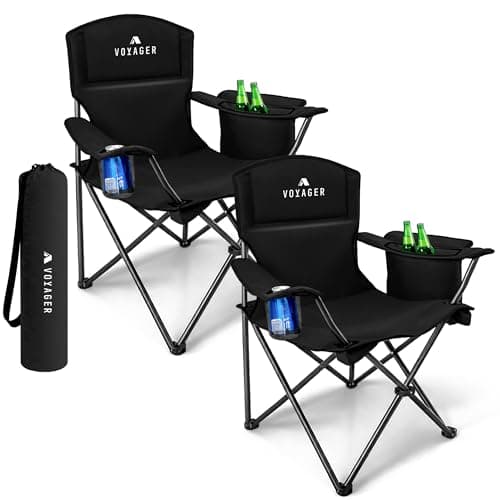 Voyager Folding Camping Chairs 2 Pack with Cooler Bag, Lightweight Q195 Steel Frame, 600D Oxford Fabric, Portable & Comfortable - Black