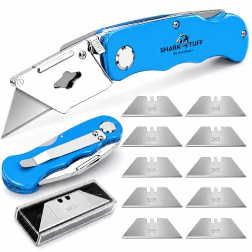 Shark-Tuff® Heavy Duty Folding Utility Knife with 10 Spare SK5 Blades | All Metal Sharp Craft Tradesman Camping Pocket Knife Cardboard Box Cutter with Belt Clip & Safety Lock UK Legal