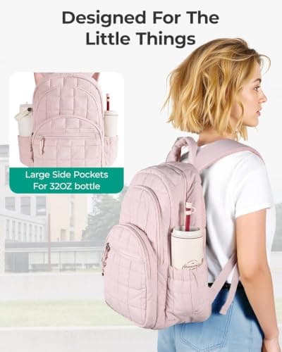 Quilted College Laptop Backpack, Stylish Padded Multi Compartment Daypack, Lightweight Travel School Bookbag Fits 15.6 Inch Laptop for Women Daily Work Campus — view 5