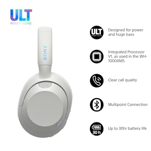 Sony ULT WEAR - Wireless Noise Cancelling Headphones, ULT POWER SOUND, Ultimate Deep Bass, Same Processor as WH-1000XM5, Clear Calls, 30hr Battery, IOS & Android - White — view 2