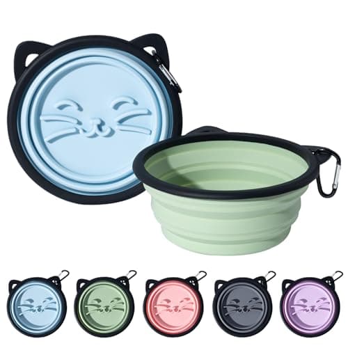 SLSON Silicone Collapsible Dog Bowl, 2 Pack Portable Dog Travel Bowl, Cute Cat Pattern Pet Feeding Bowl 750ml Large Foldable Food & Water Bowl with Carabiner (Blue+Green)
