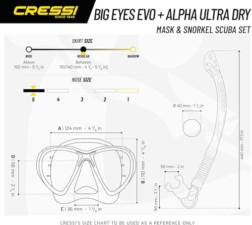 Cressi Big Eyes Evo & Alpha Ultra Dry Snorkel Set Adults - Silicone Snorkel Mask - Dry-Top Breathing Tube - Fit Diving Mask - Clear/Yellow - Combo Set — view 5