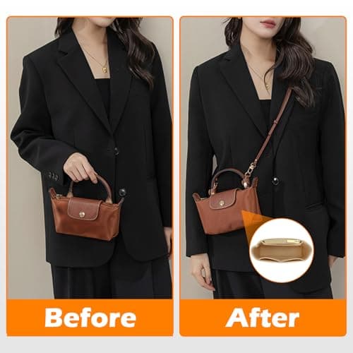 Strap and Organiser for Longchamp Mini Bag, Leather Brown Bag Straps For Crossbody Handbags and Felt Mini Bag Organizer Insert for Long Champ Mini — view 3
