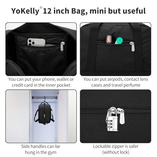 Small Gym Bag Carry On Bag - 12 inch Mini Duffle Bag Lightweight for Overnight Travel 30x20x20cm-Black — view 3